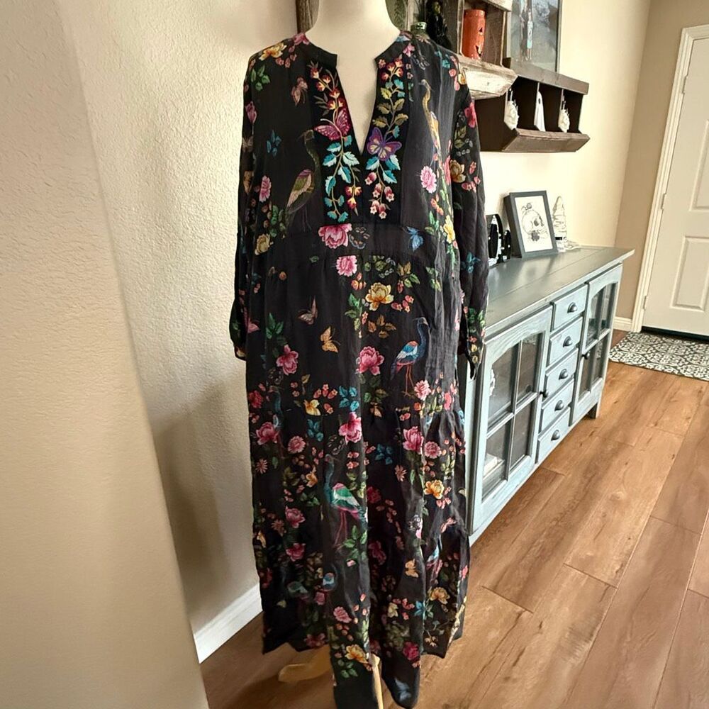 NWOT Was Womens Floral Tiered Embroidered V-Neck Boho Midi Dress Black Size XL - Picture 5 of 16